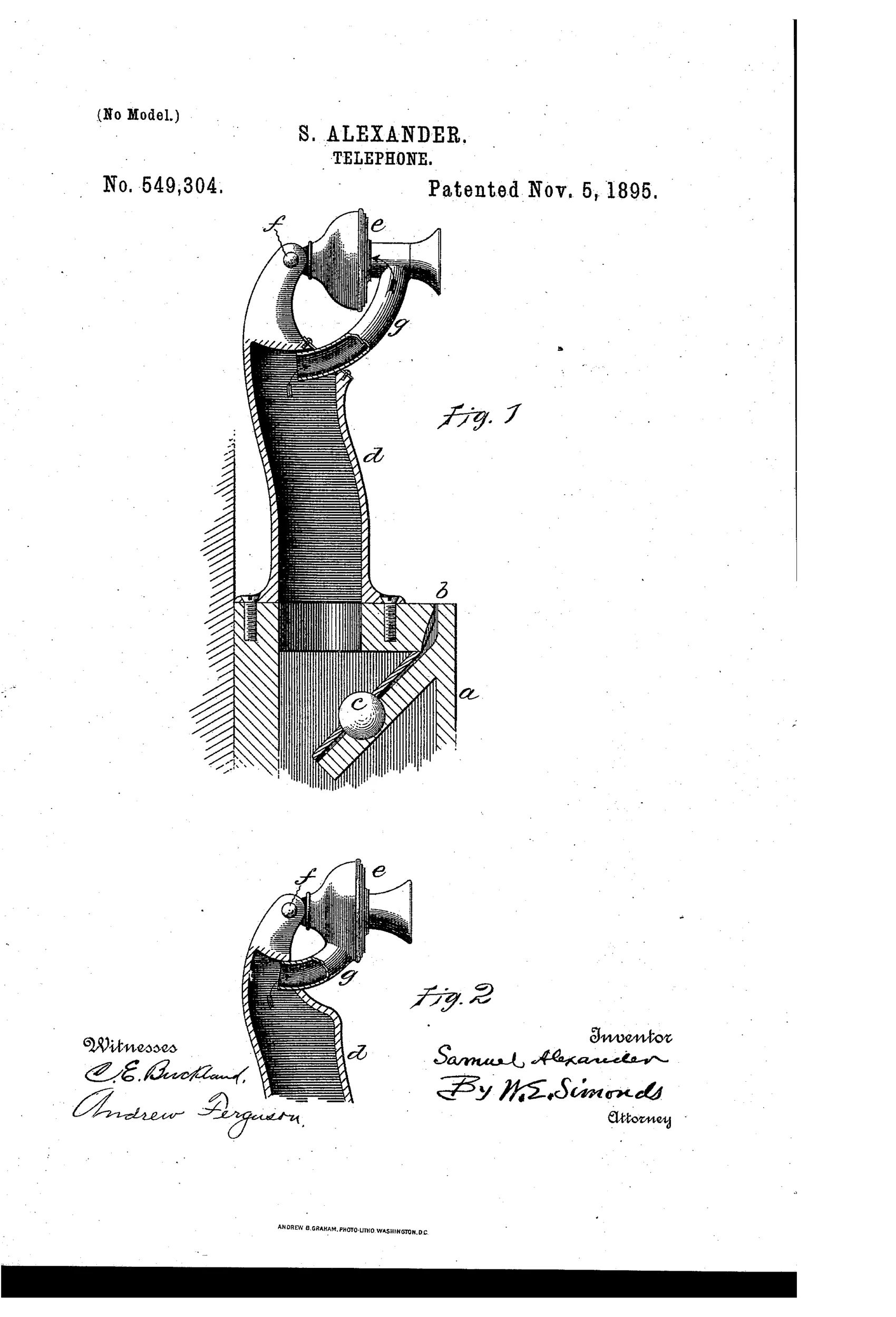 Patent drawing of a coin-operated telephone apparatus showing a hollow post rising from a sounding-case containing a coin slot and bell, topped by a pivoting transmitter case with a curved telescoping sound tube, illustrated in two configurations labeled Fig. 1 and Fig. 2.