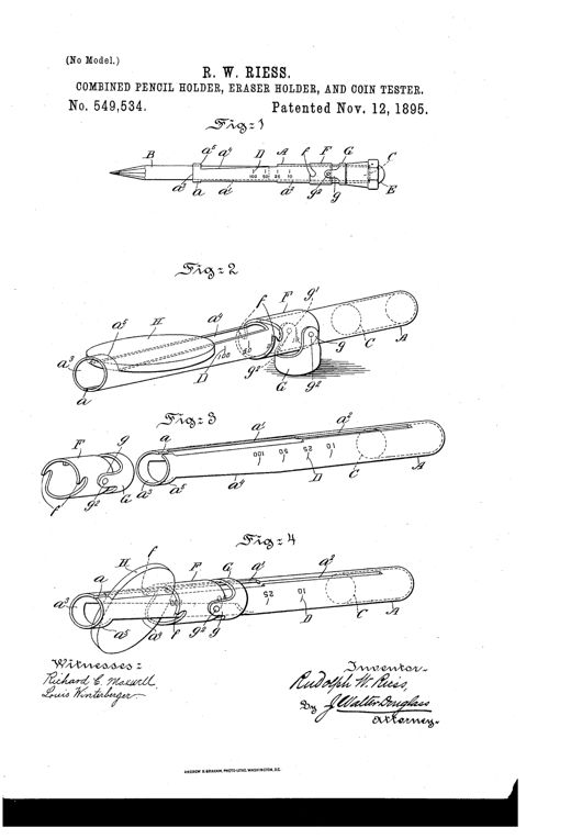 Patent drawing of a slender pencil-shaped metal holder with a pointed pencil tip at one end and a rounded eraser cap at the other, showing an extendable pivoting arm and a sliding notched sleeve marked with coin denomination numbers along its graduated scale.