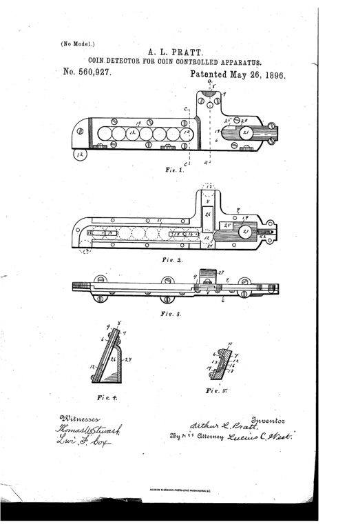 Patent drawing of a mechanical coin detector showing front and interior views with a row of coins in a horizontal channel, a vertical entry chute, a spring-loaded slide with finger hole, and small cross-section detail figures at the bottom of the page.