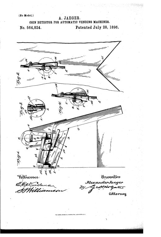 Patent drawing of a 19th-century coin detector showing an angled chute with a pivoted magnet, lever, and push-off mechanism for trapping and ejecting false iron or steel coins from a vending machine.
