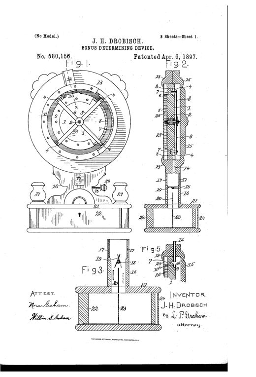 Patent drawing of a clock-like bonus-determining device with a large numbered dial on a pedestal base flanked by matchbox holders, showing internal gears, a coin-rotated spider wheel, and a rocking valve mechanism in cross-section views.