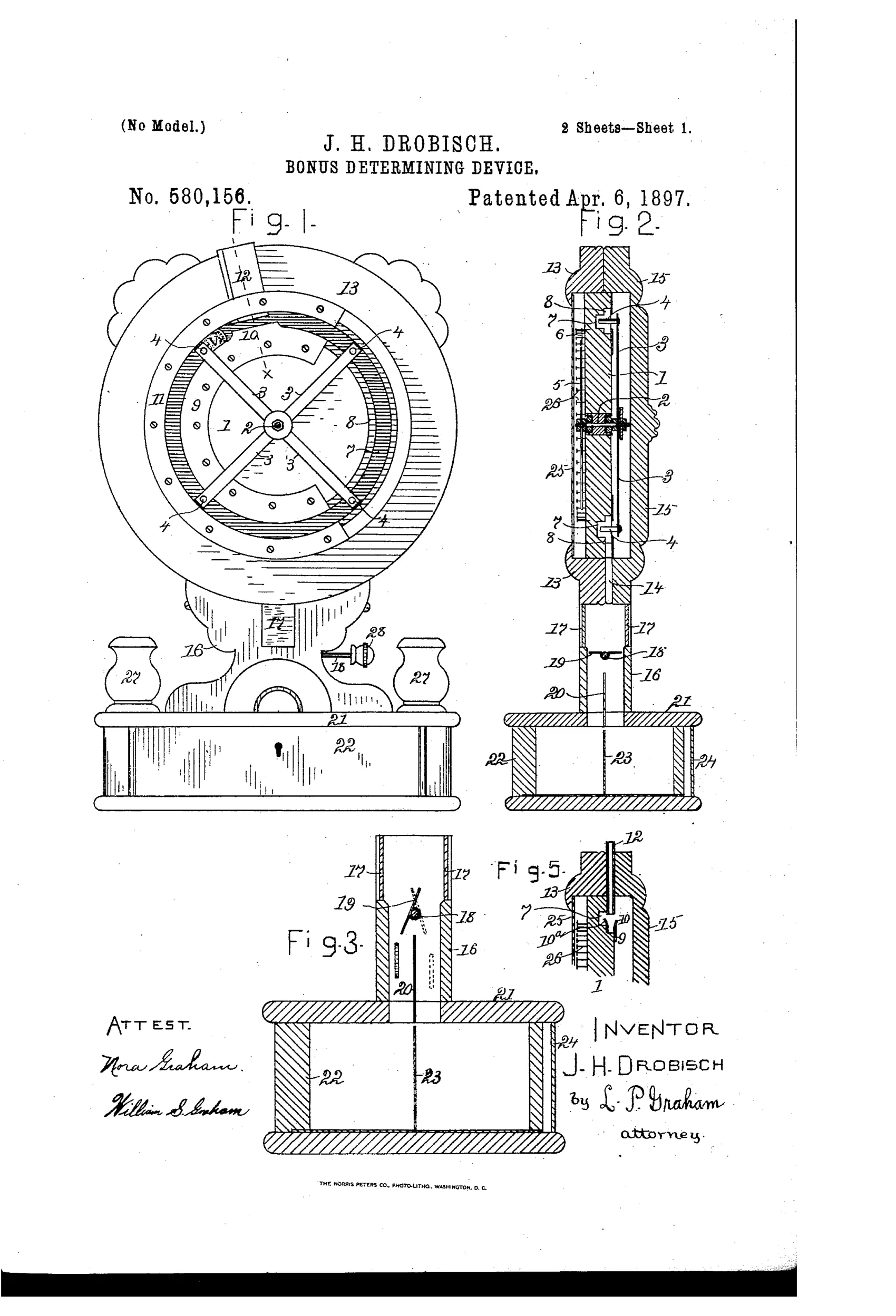 Patent drawing of a clock-like bonus-determining device with a large numbered dial on a pedestal base flanked by matchbox holders, showing internal gears, a coin-rotated spider wheel, and a rocking valve mechanism in cross-section views.
