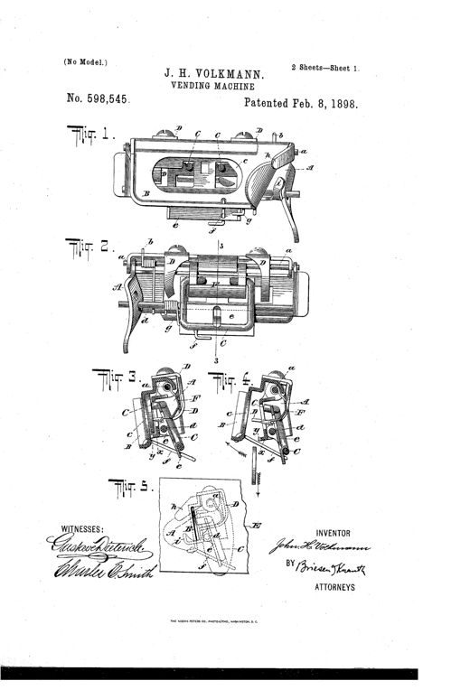 Patent drawing of a mechanical coin-tester showing a hinged plate assembly with a pivoted magnet, coin track, and washer-catcher arm mounted inside a tall vending-machine cabinet.