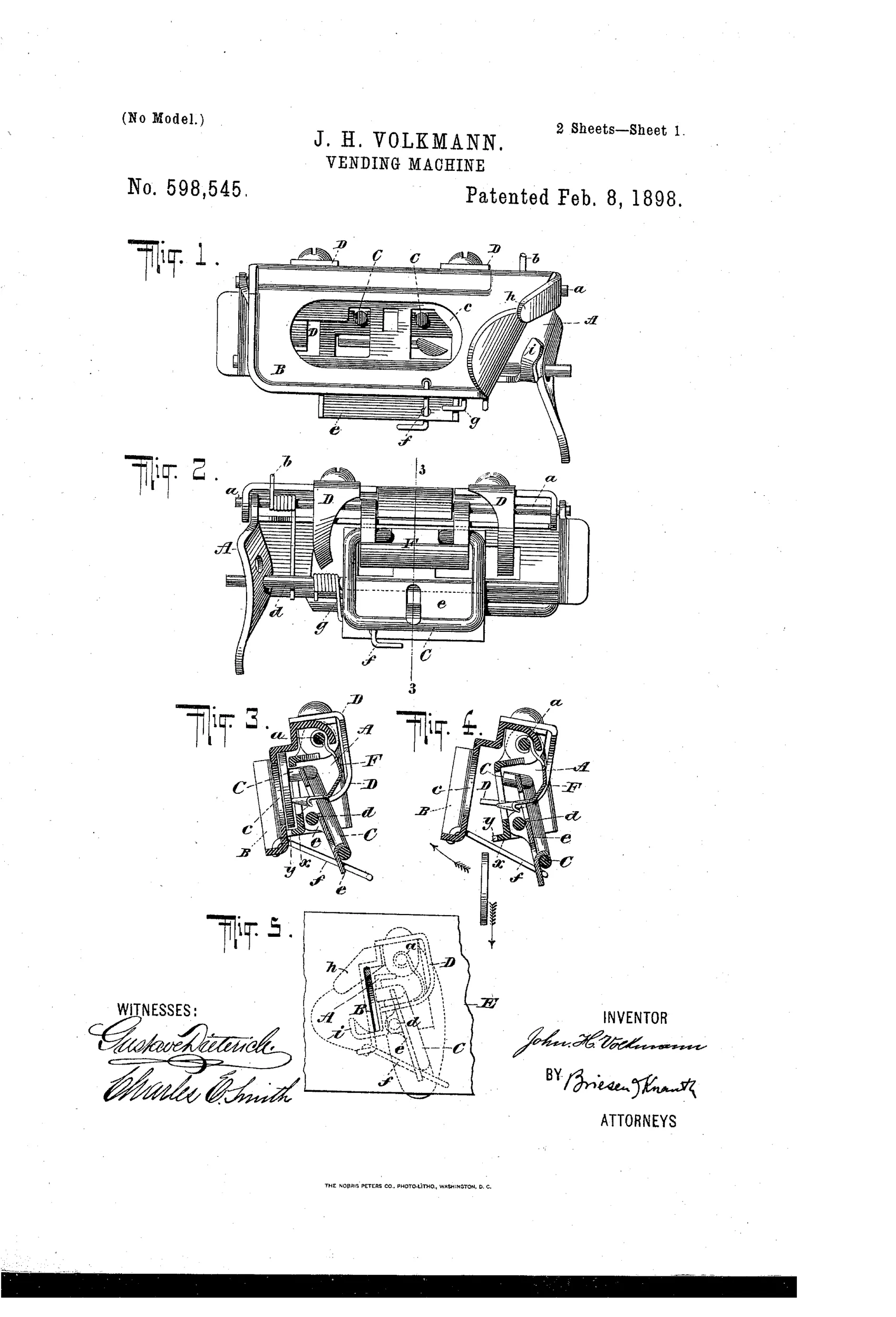 Patent drawing of a mechanical coin-tester showing a hinged plate assembly with a pivoted magnet, coin track, and washer-catcher arm mounted inside a tall vending-machine cabinet.