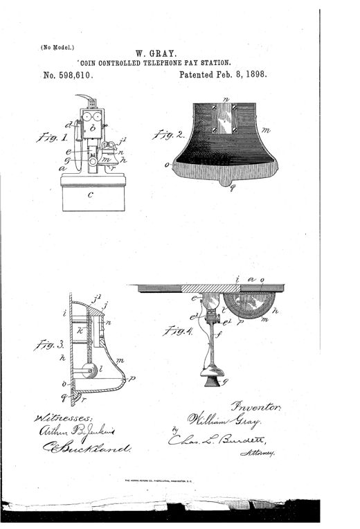 Patent drawing of a wall-mounted telephone pay station showing the magneto signal box, battery box, telephone receiver, bell, and an attached coin toll-box with internal chute and signal mechanism, alongside detailed sectional views of the toll-box interior and transmitter arm.
