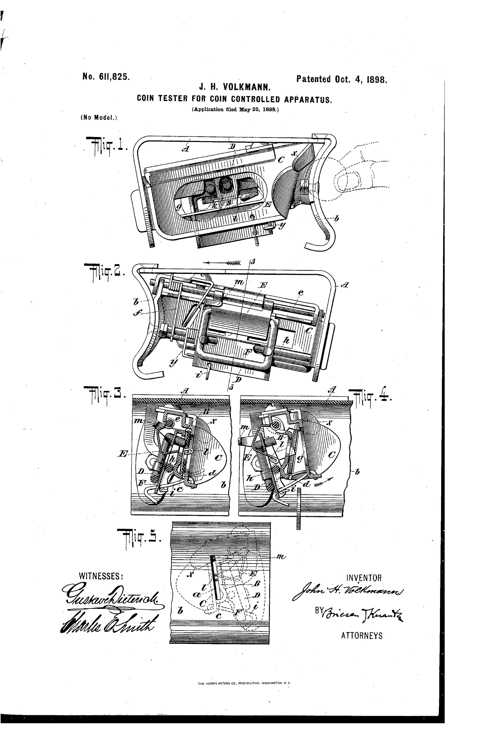 Patent drawing of a coin-tester mechanism showing an inclined housing with a slotted plate, pivoted magnet, and hooked washer-catcher arm inside a metal frame, illustrated from multiple side and sectional views.