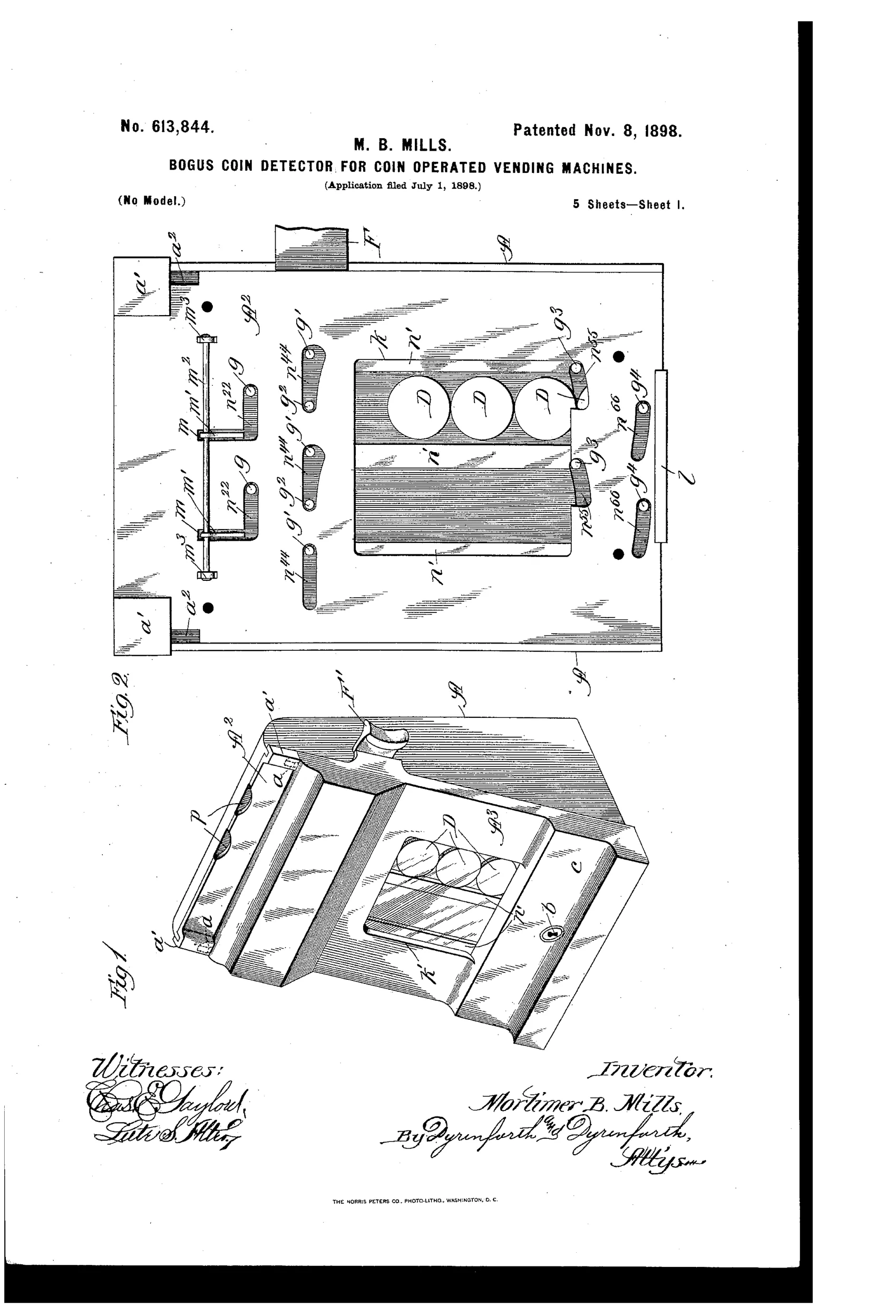 Exploded mechanical drawings of a metal coin-detector case with slotted chutes, pivoting studded levers, a push-bar handle, and a glass-covered display opening showing three coin discs stacked in the chute.