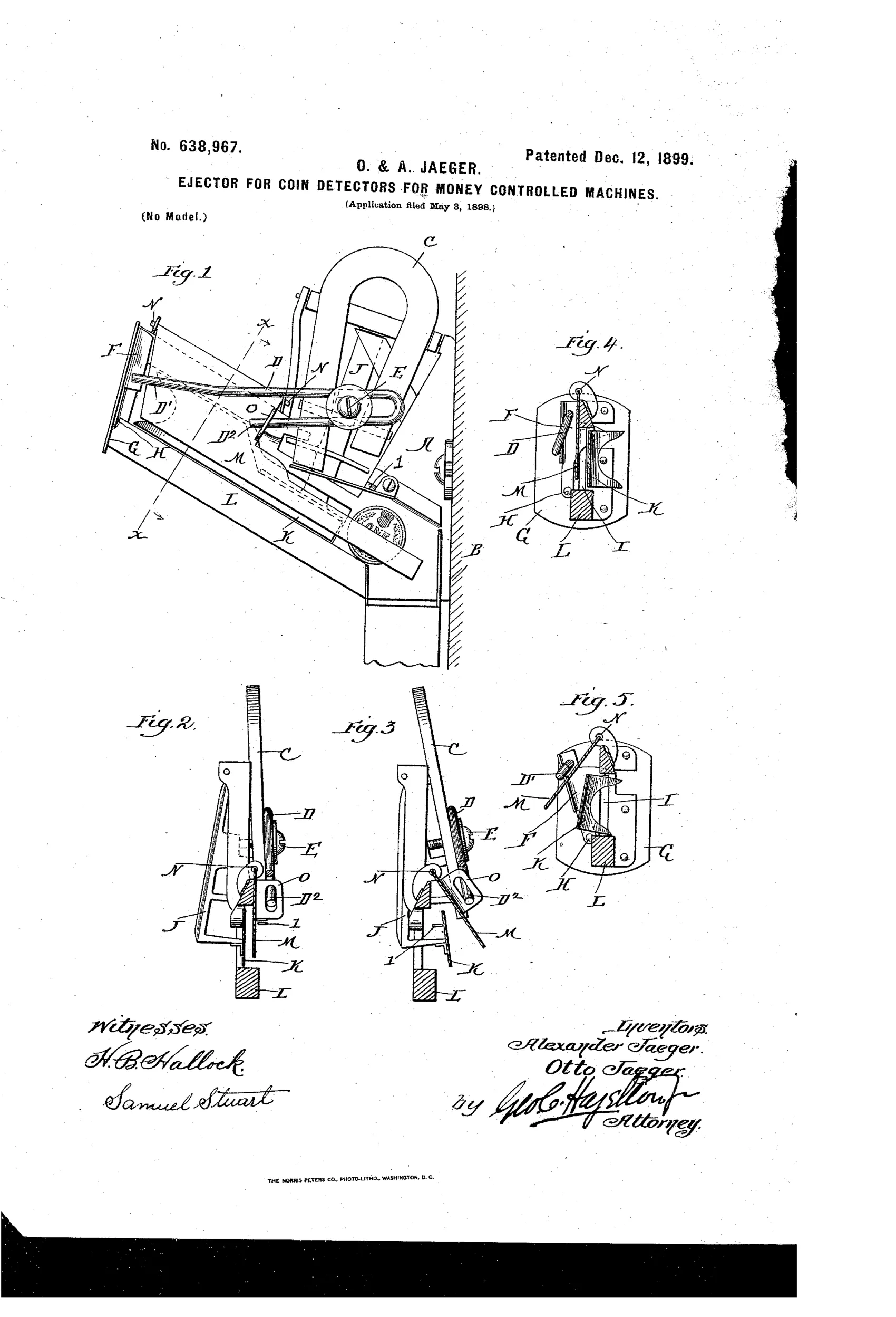 Patent drawing showing a coin-detector ejector mechanism with a pivoted horseshoe magnet, bent rod, incline bar, and push-off plate mounted on a bracket, with five labeled cross-sectional figures illustrating the mechanism in normal and coin-actuated positions.
