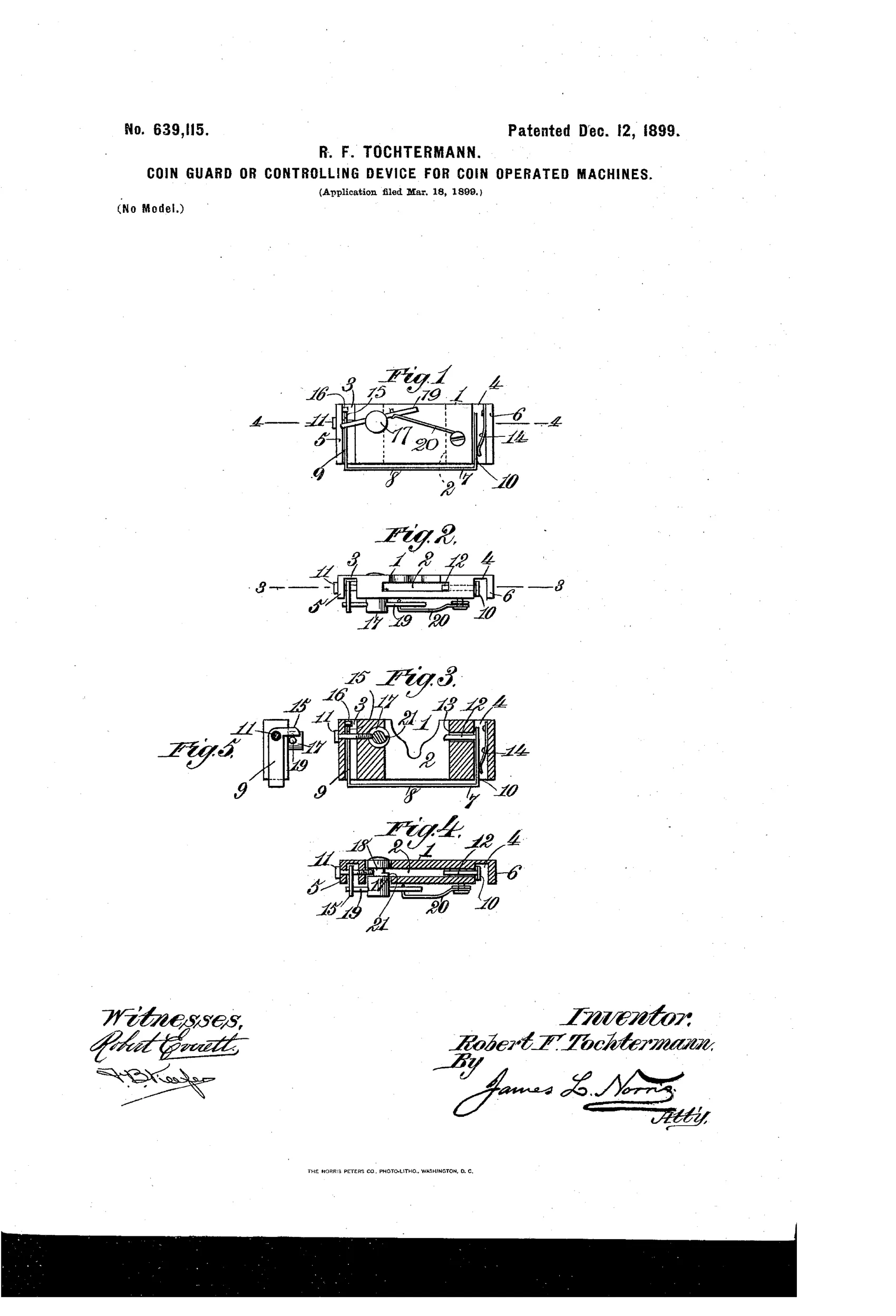 Patent drawing showing five figures of a mechanical coin-guard device with a vertical coin chute, a U-shaped pivoting gate with arms fitting into grooves, a leaf-spring, and a rotating arbor with releasing lever, all numbered with reference numerals like 1 through 21.