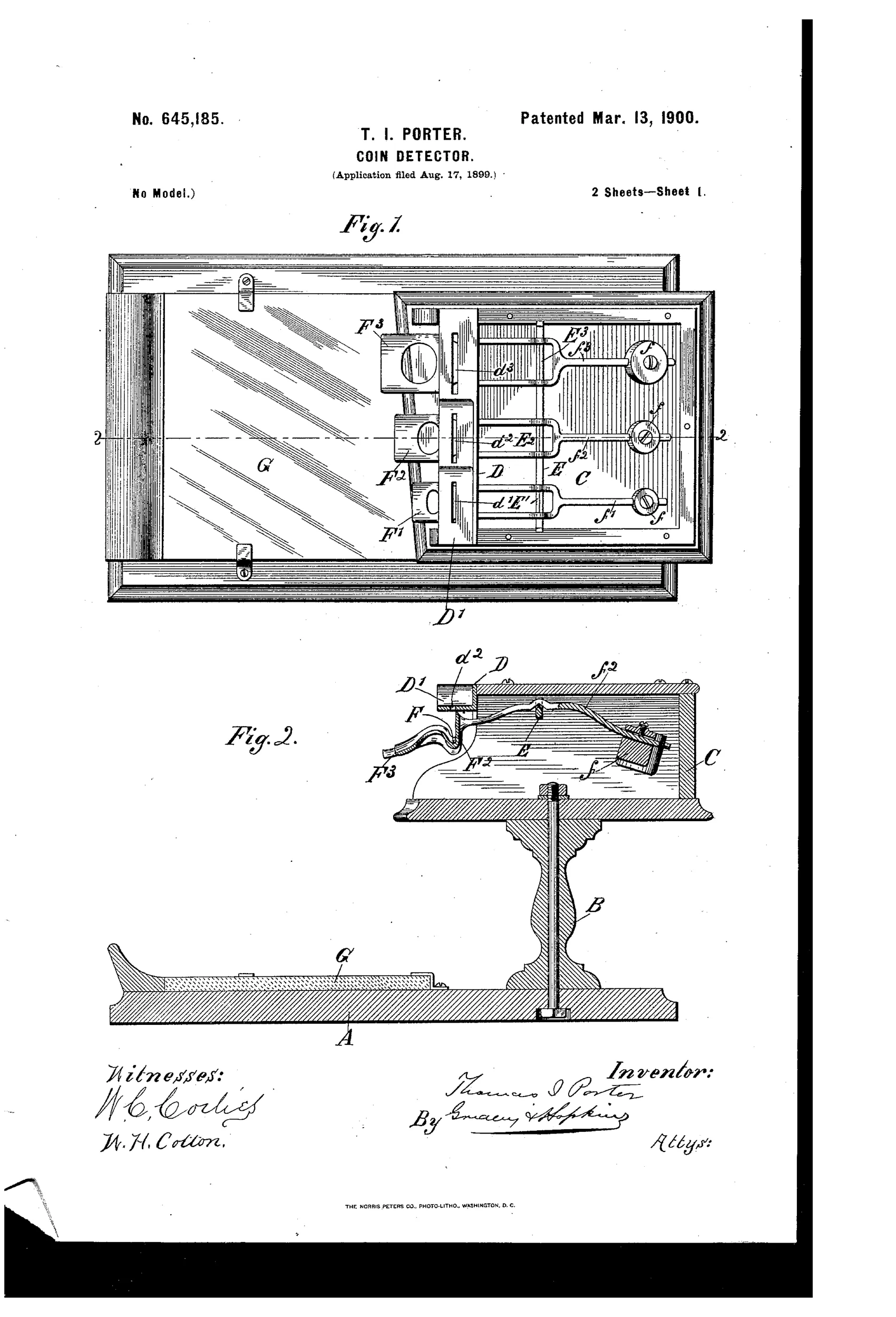 Patent drawing of a countertop coin-detector showing a boxed housing with three coin slots and internal balance beams mounted on a turned pedestal base, plus detail views of individual pivoting coin-rest balances and their adjustable weighted arms.