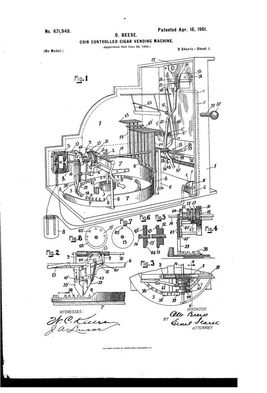 Perspective cutaway drawing of a wooden cabinet cigar vending machine showing an internal spring-driven disk with stepped peripheral walls, tubular cigar-elevating plungers, a coin slot leading to an electrolytic cell, a solenoid and clutch mechanism, and a row of coin cups with lobed disks for dispensing change, alongside a hand crank on the side wall.
