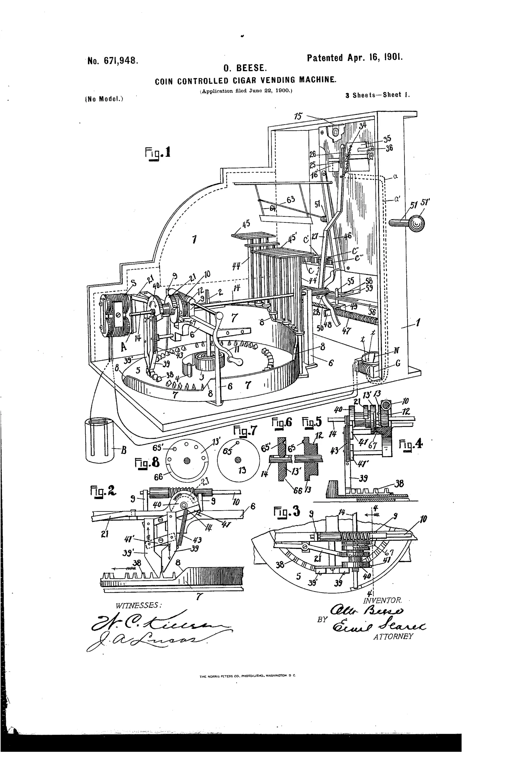 Perspective cutaway drawing of a wooden cabinet cigar vending machine showing an internal spring-driven disk with stepped peripheral walls, tubular cigar-elevating plungers, a coin slot leading to an electrolytic cell, a solenoid and clutch mechanism, and a row of coin cups with lobed disks for dispensing change, alongside a hand crank on the side wall.