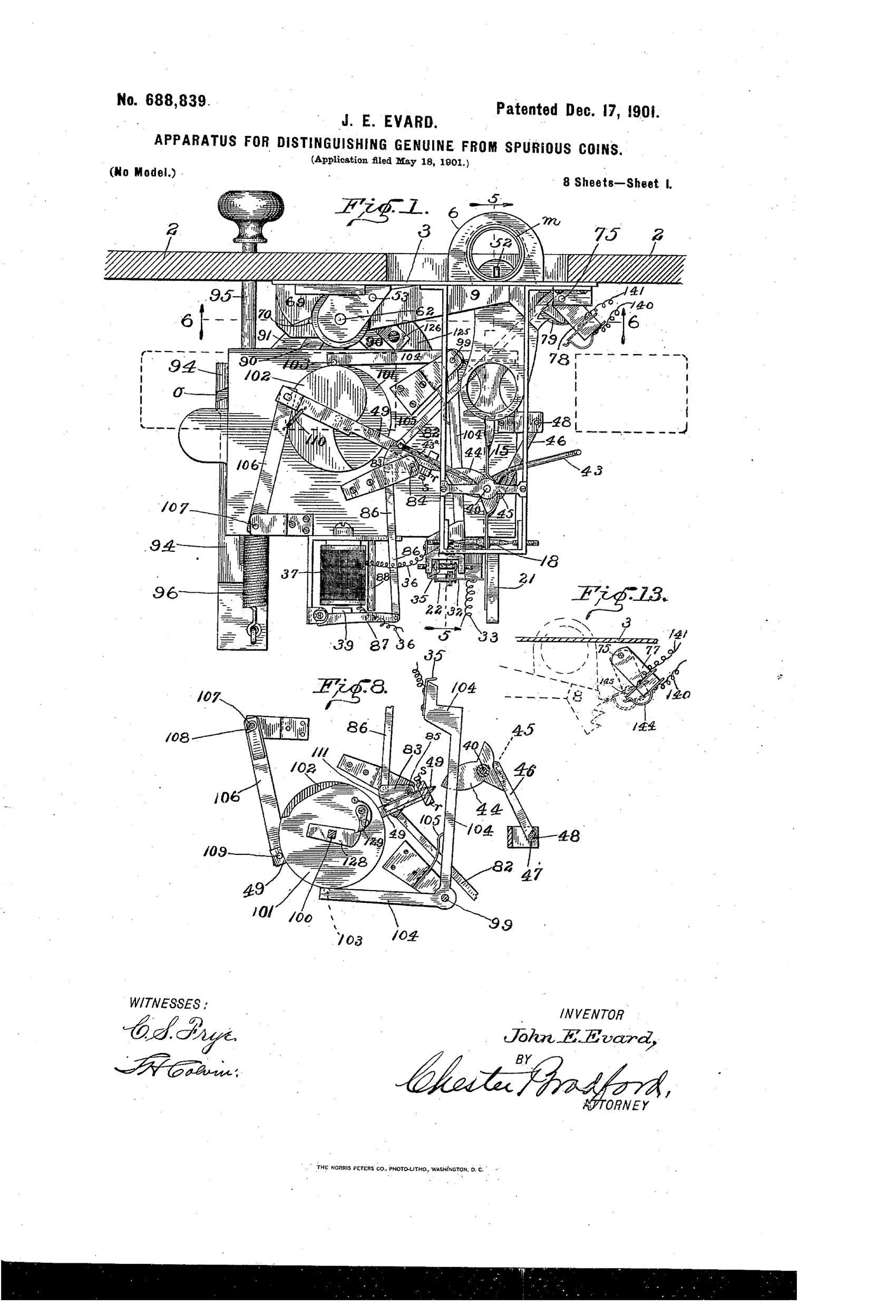 Technical patent drawing showing a complex mechanical coin-testing apparatus with multiple gears, levers, springs, and pivoting arms arranged within a rectangular housing frame, including a knob-topped shaft and numbered reference points identifying individual components.