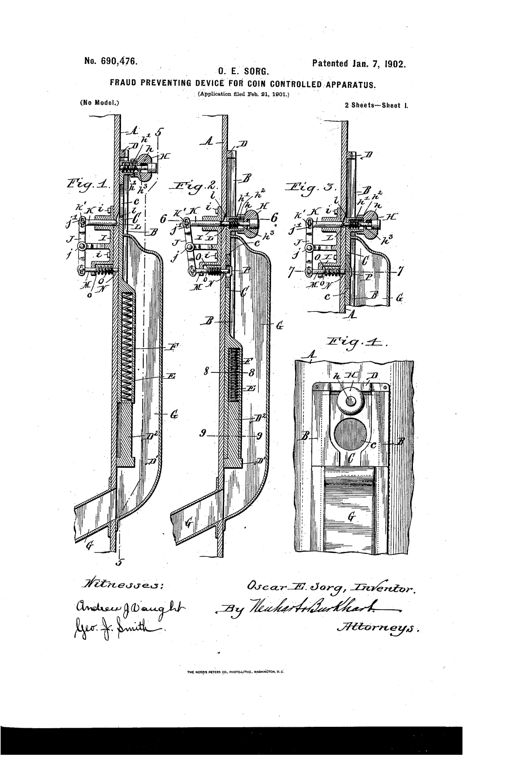 Patent drawing of a vertical coin-chute mechanism showing a slidable coin-receiver with springs, a thrust-rod and handle at top, and a pivoted lever and follower-rod assembly that releases the coin only when the receiver is fully inserted, with a detailed washer-blocking cross-section and a coin depicted lodged in the receiver.