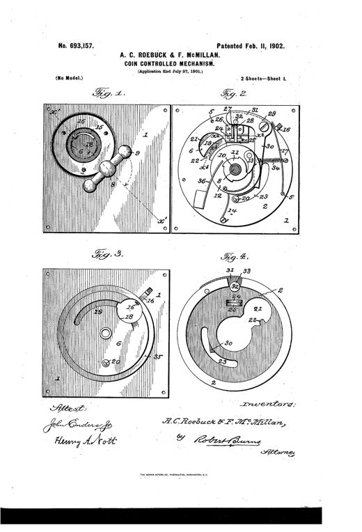 Patent drawing sheets showing a round coin-operated mechanism with a rotating coin-carrying disk, detector lever, springs, and pawls mounted between two plates, plus detailed cross-sections of the lever and coin slot.