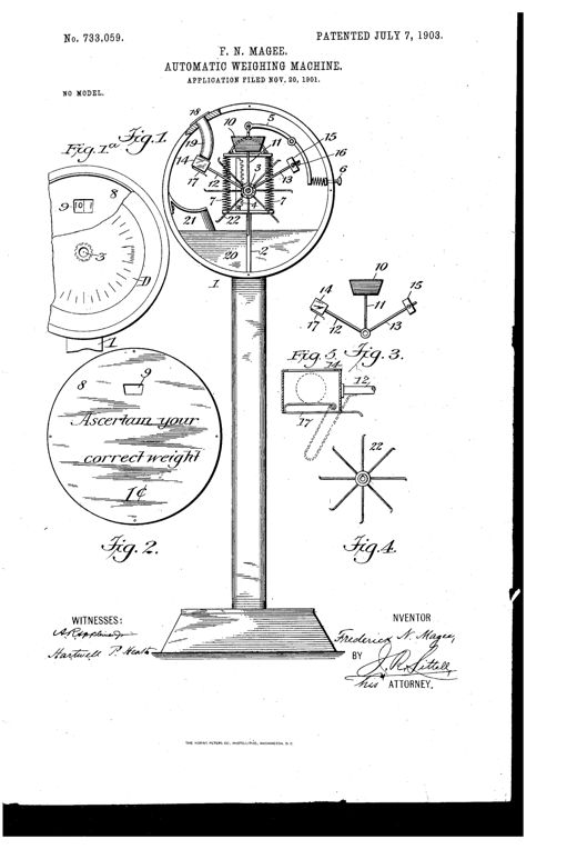Patent drawing of an antique penny weighing scale showing the circular head with hidden dial, coin slot, pivoting shutter arm with counterweight, and a radial tripper wheel, mounted atop a tall pedestal base.