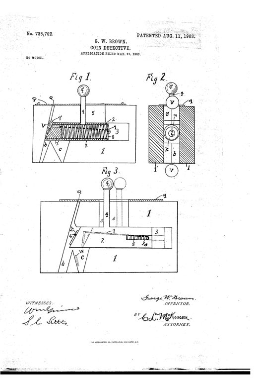 Patent drawing showing three figures of a coin-detective device: a two-part block with a spring-loaded plunger, knob, rod, coil spring, and pegs that catch washers while allowing coins to pass through separate discharge outlets.