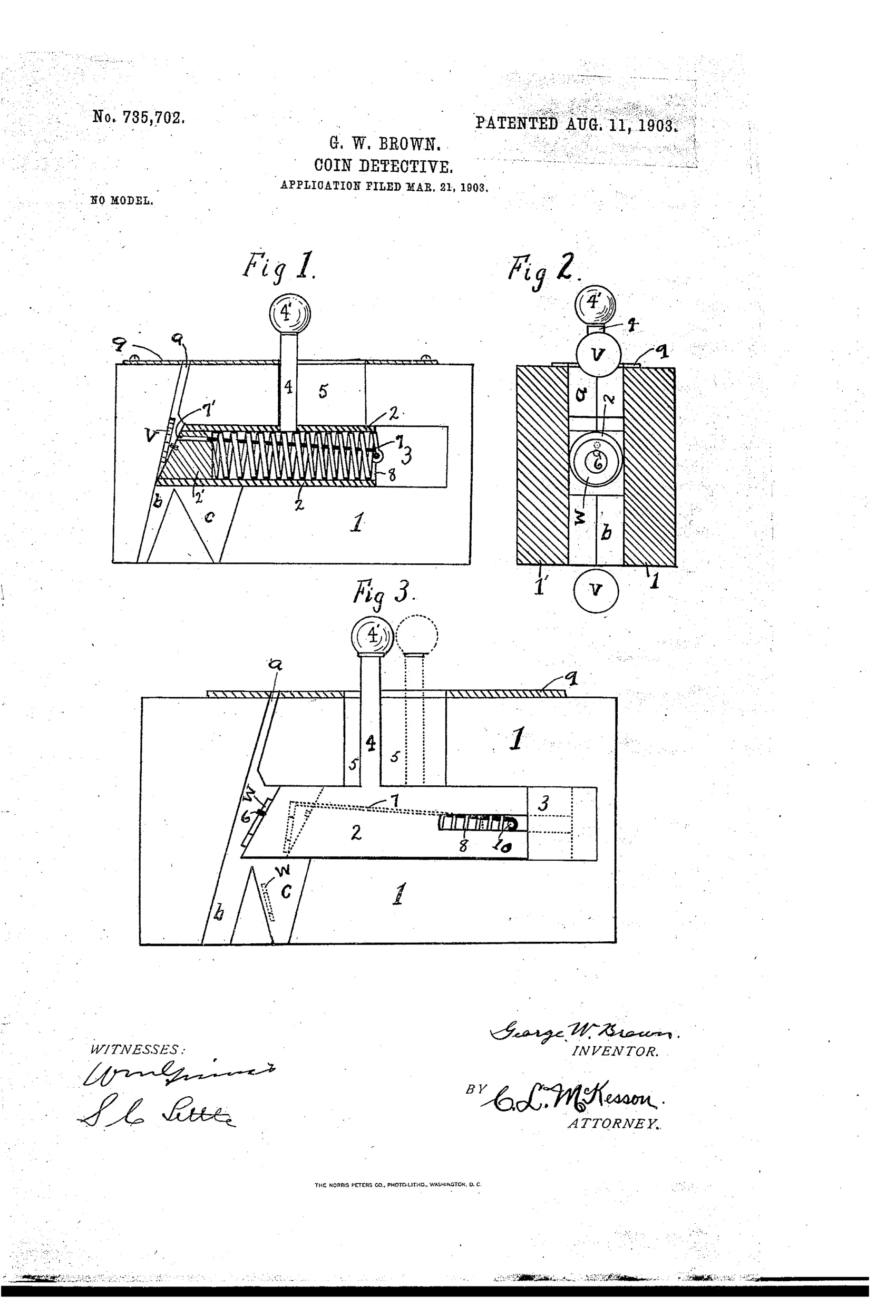 Patent drawing showing three figures of a coin-detective device: a two-part block with a spring-loaded plunger, knob, rod, coil spring, and pegs that catch washers while allowing coins to pass through separate discharge outlets.