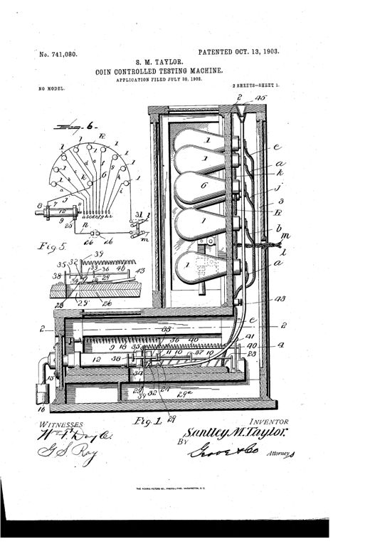 Patent drawing of a cabinet-style coin-operated lung testing machine showing a tall glowing lamp array, an internal air cylinder and piston with a coin chute and switch mechanism below, plus a detailed diagram of the wiring connections for the lamps.