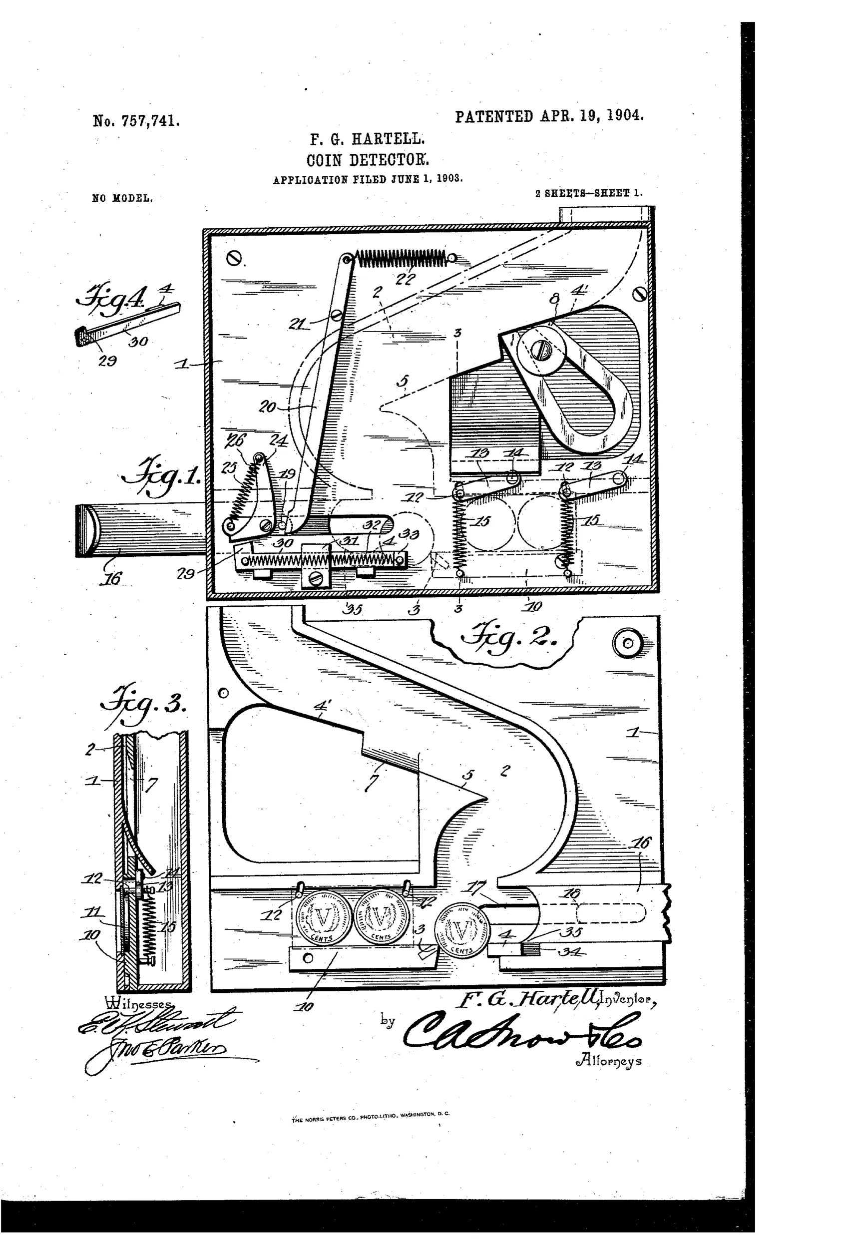 Patent drawing of a mechanical coin detector showing a winding coin chute, spaced coin-rests, a pointed sliding bar, an electromagnet, and coin pockets with 'V CENTS' coins visible in the casing.