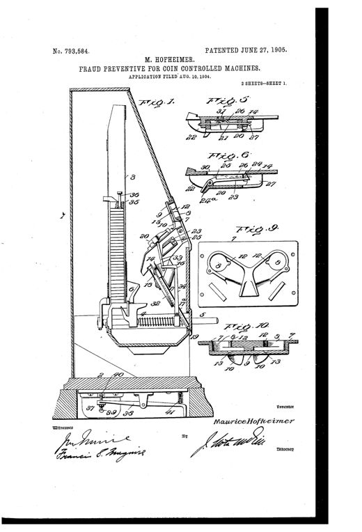 Patent line drawing of a tall vending machine cabinet with an internal coin guideway mechanism, pivoted castings with hooked fingers, chutes, and an ejector rod, shown in section and detail views.