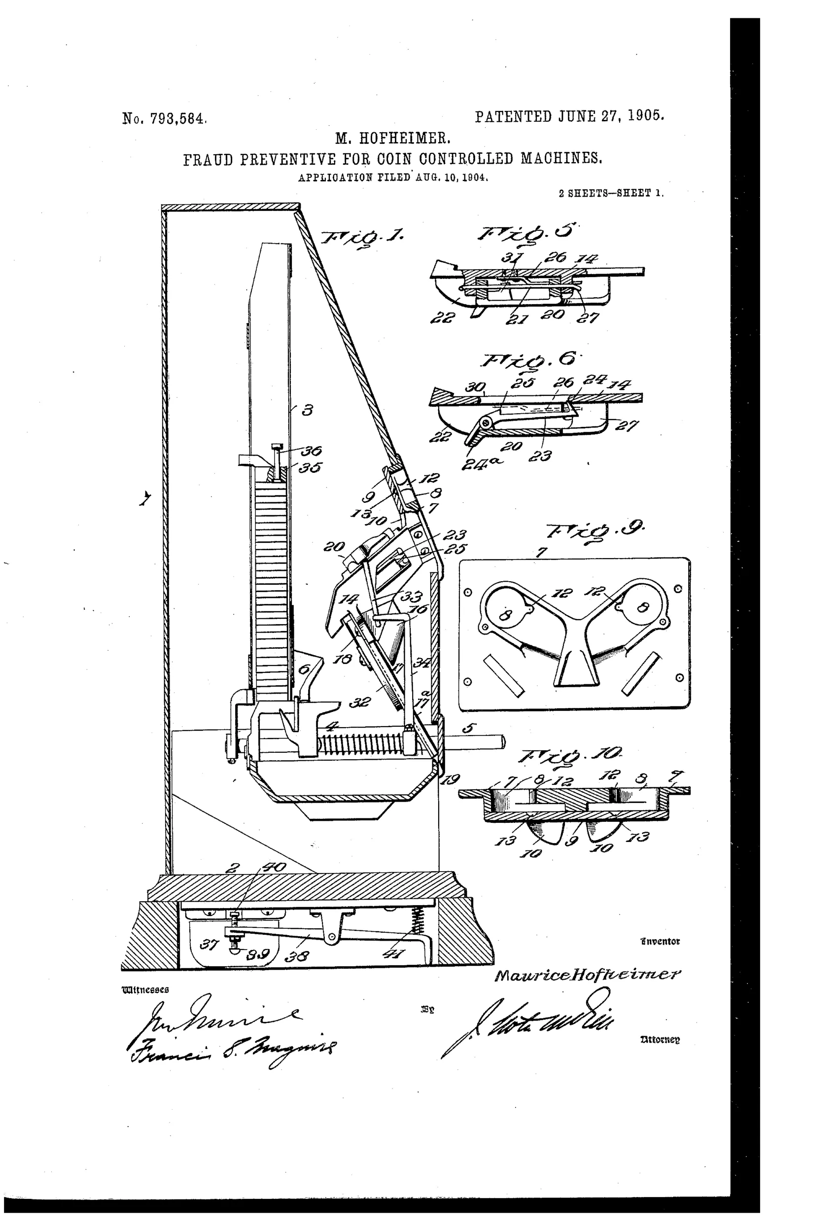 Patent line drawing of a tall vending machine cabinet with an internal coin guideway mechanism, pivoted castings with hooked fingers, chutes, and an ejector rod, shown in section and detail views.