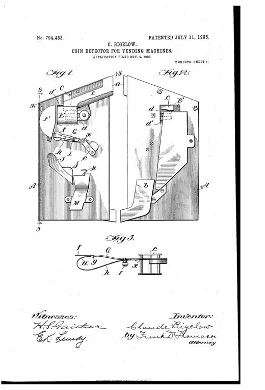 Patent drawing of a mechanical coin detector showing an inclined chute with a magnet and pivoted retarding arm feeding into a curved segmental chute, which delivers coins onto a spring-loaded pivoting tilting bar mounted inside a vending machine case.
