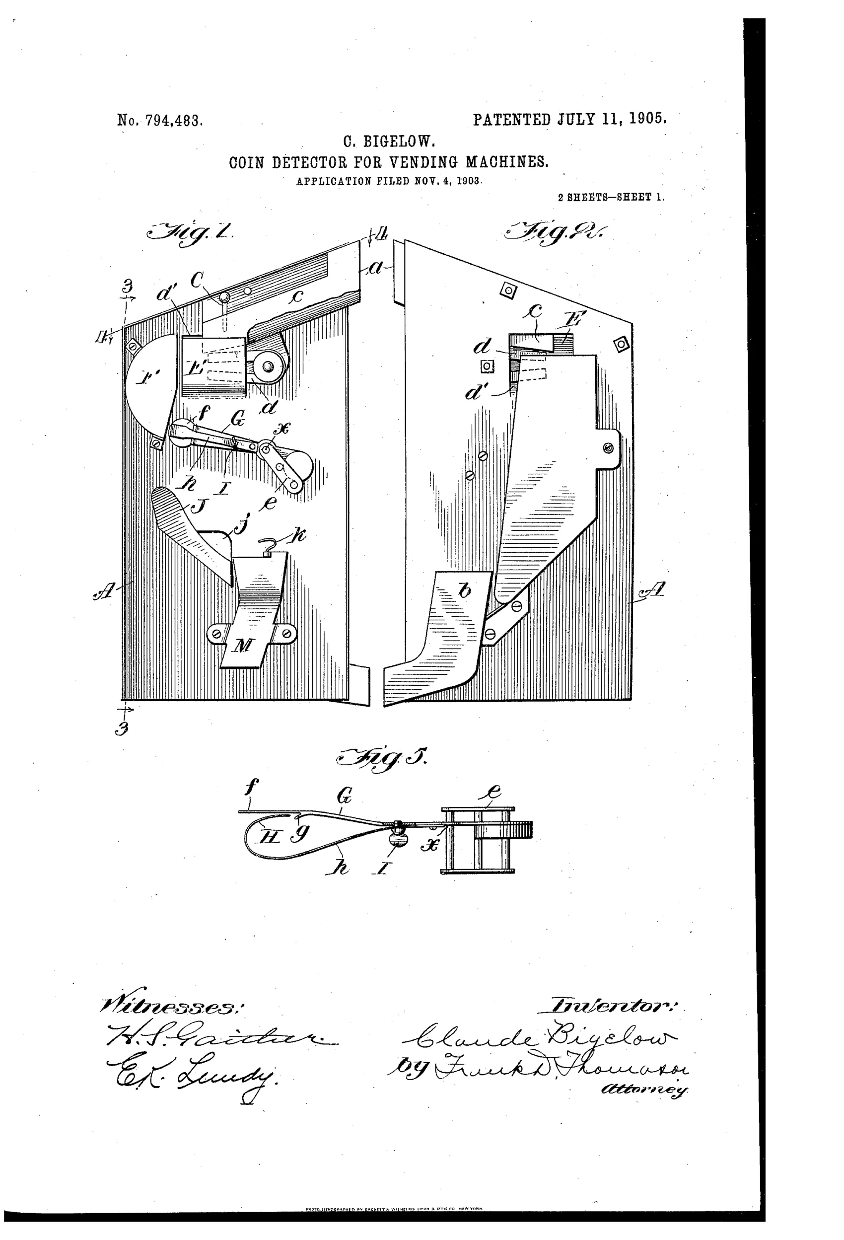Patent drawing of a mechanical coin detector showing an inclined chute with a magnet and pivoted retarding arm feeding into a curved segmental chute, which delivers coins onto a spring-loaded pivoting tilting bar mounted inside a vending machine case.