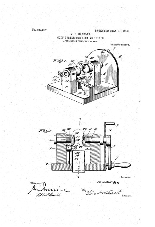 Patent drawing of a coin-tester showing two upright posts holding a crank-operated shaft with paired slotted heads that grip and test a coin between them, mounted on a rectangular wooden base with a spring and adjusting screw beneath.