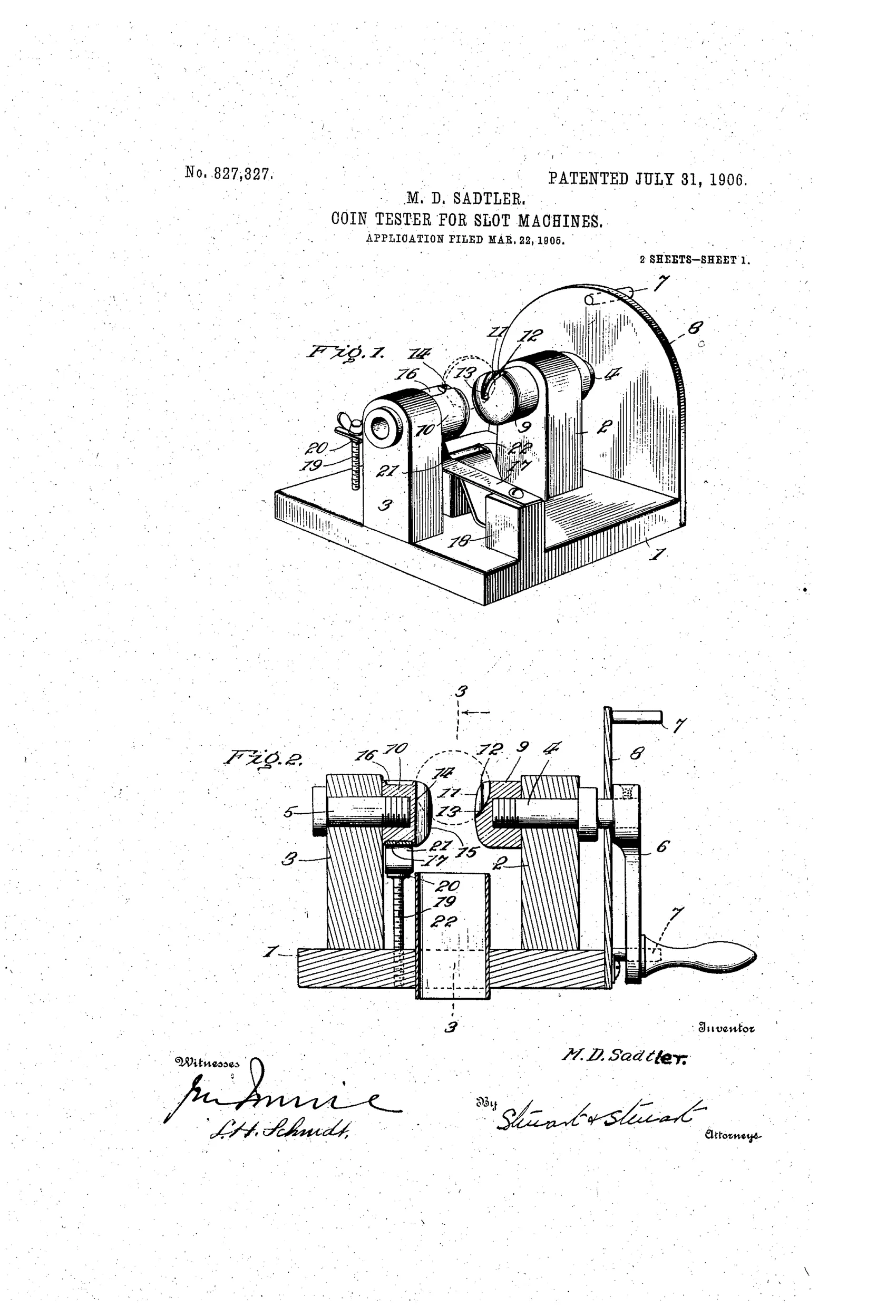 Patent drawing of a coin-tester showing two upright posts holding a crank-operated shaft with paired slotted heads that grip and test a coin between them, mounted on a rectangular wooden base with a spring and adjusting screw beneath.