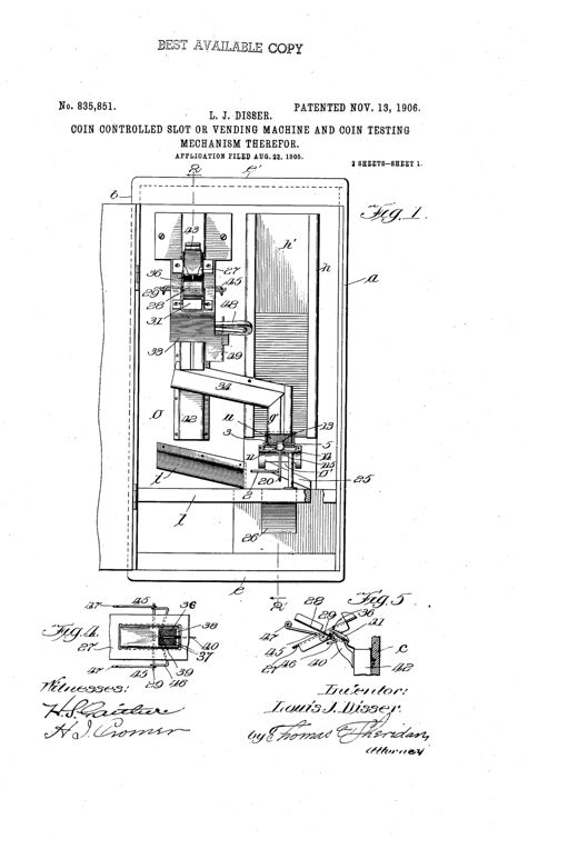 Patent drawing of a mechanical gum vending machine cabinet showing an internal coin chute, pivoted testing gate with counterweight, discharging arm with numbered fingers, and separate compartments for genuine coins and rejected slugs.