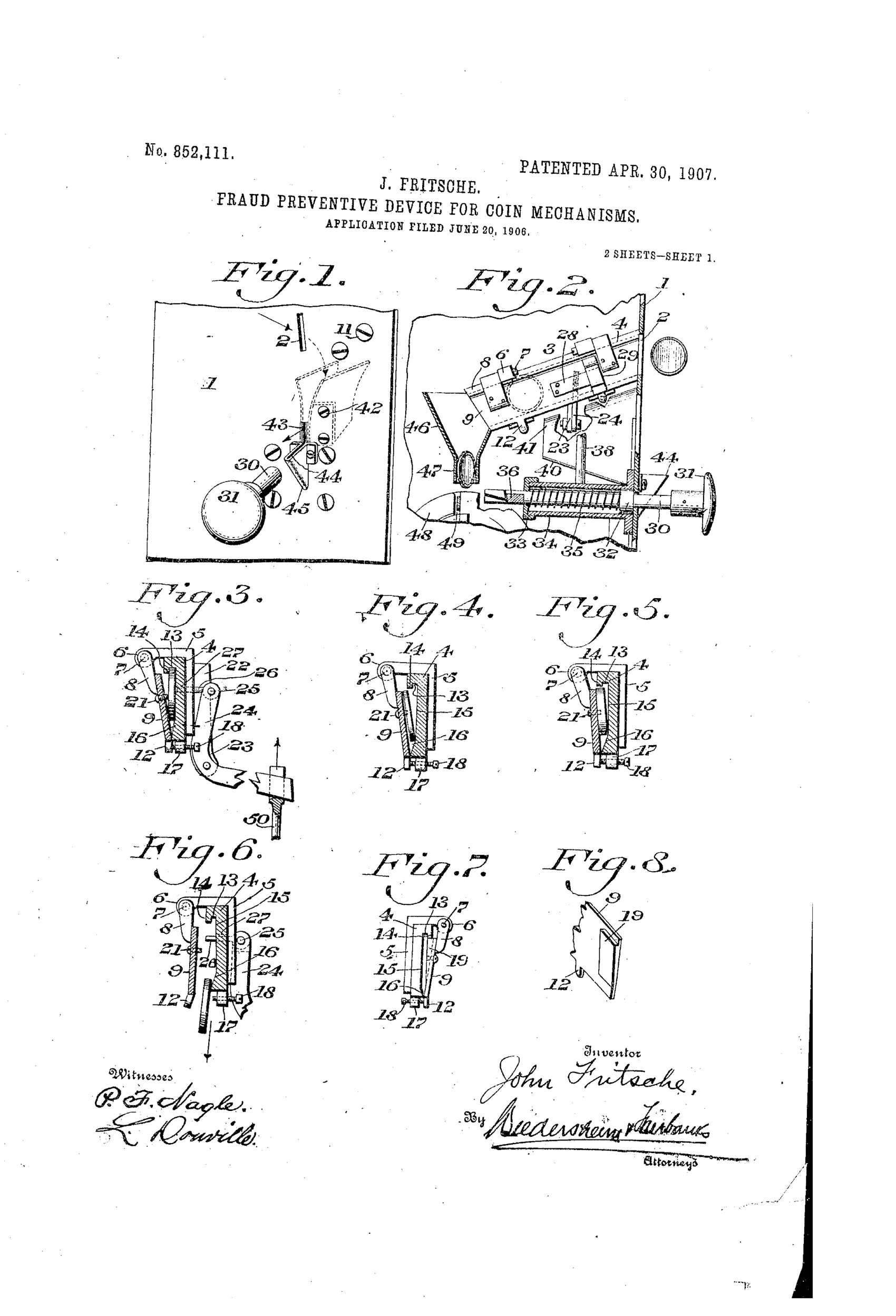 Patent drawing sheets showing a mechanical coin-slot fraud preventive device with a hinged plate, adjustable stop, spring-loaded roller, handle rod, and return chute, illustrated across twelve labeled figures with numbered parts.