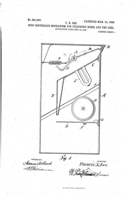 Patent drawing of a telephone coin box mechanism showing coin slots, chutes with magnets, a crank-operated shaft with kick-off fingers, and a weighted lever striking a bell to signal valid coin deposit.