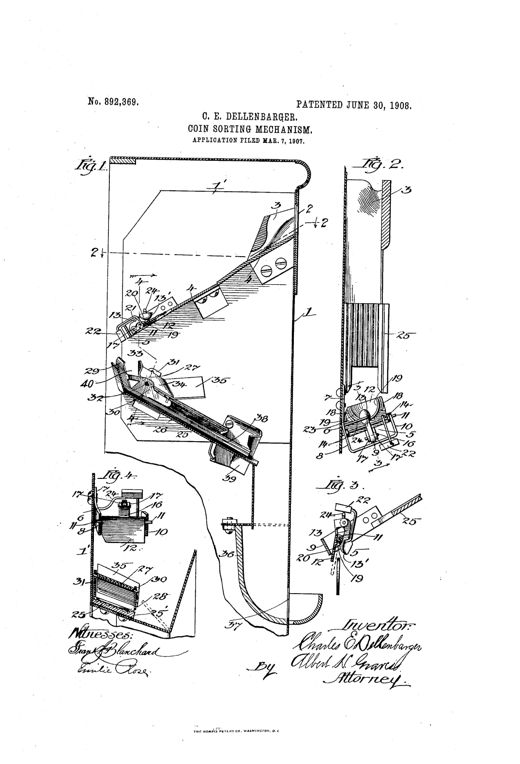 Patent drawing showing the interior of a vending machine casing with a coin slot, an inclined chute leading to a pivoted dumping table with a hooked gripper arm, and separate accepting and rejecting chutes below, along with detail views of the gripper and shedder mechanism.
