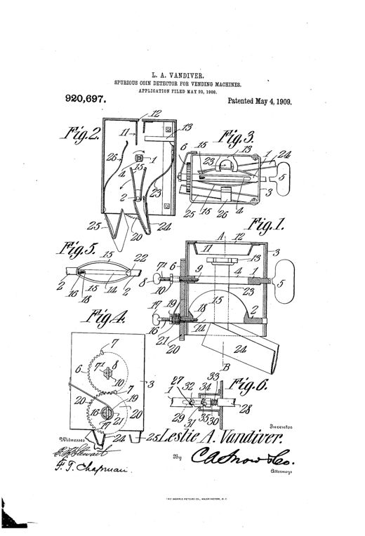 Patent drawing of a rectangular vending-machine coin box housing two parallel slotted shafts with gear wheels, springs, set screws, and diverging chutes, shown in six views labeled Fig. 1 through Fig. 6.
