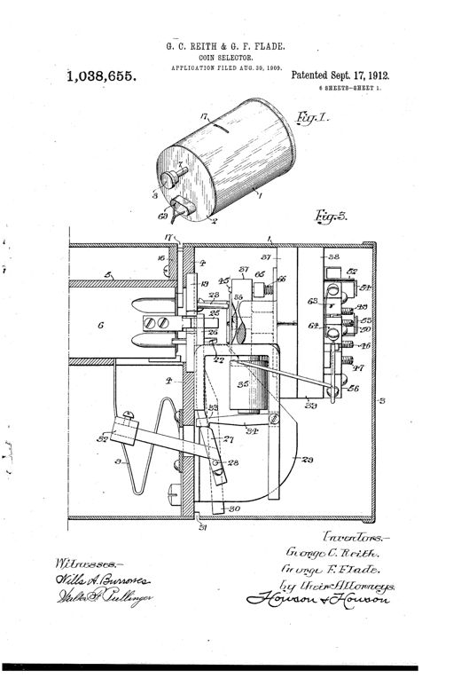 Technical patent drawing of a cylindrical coin selector casing with an internal plunger, spring-loaded disk, pivoting valve plate, gauge rods, and an electromagnet assembly used to test and sort coins in a vending machine.