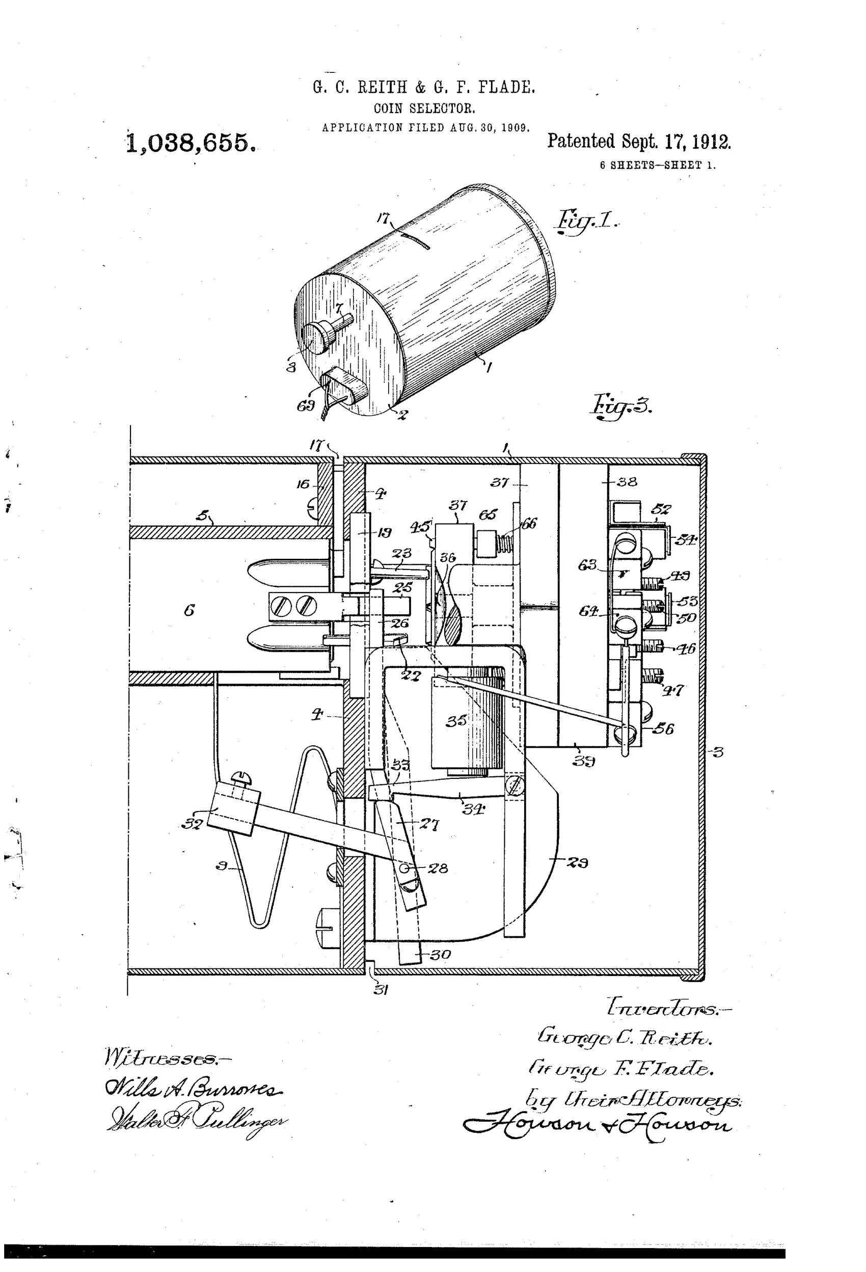 Technical patent drawing of a cylindrical coin selector casing with an internal plunger, spring-loaded disk, pivoting valve plate, gauge rods, and an electromagnet assembly used to test and sort coins in a vending machine.