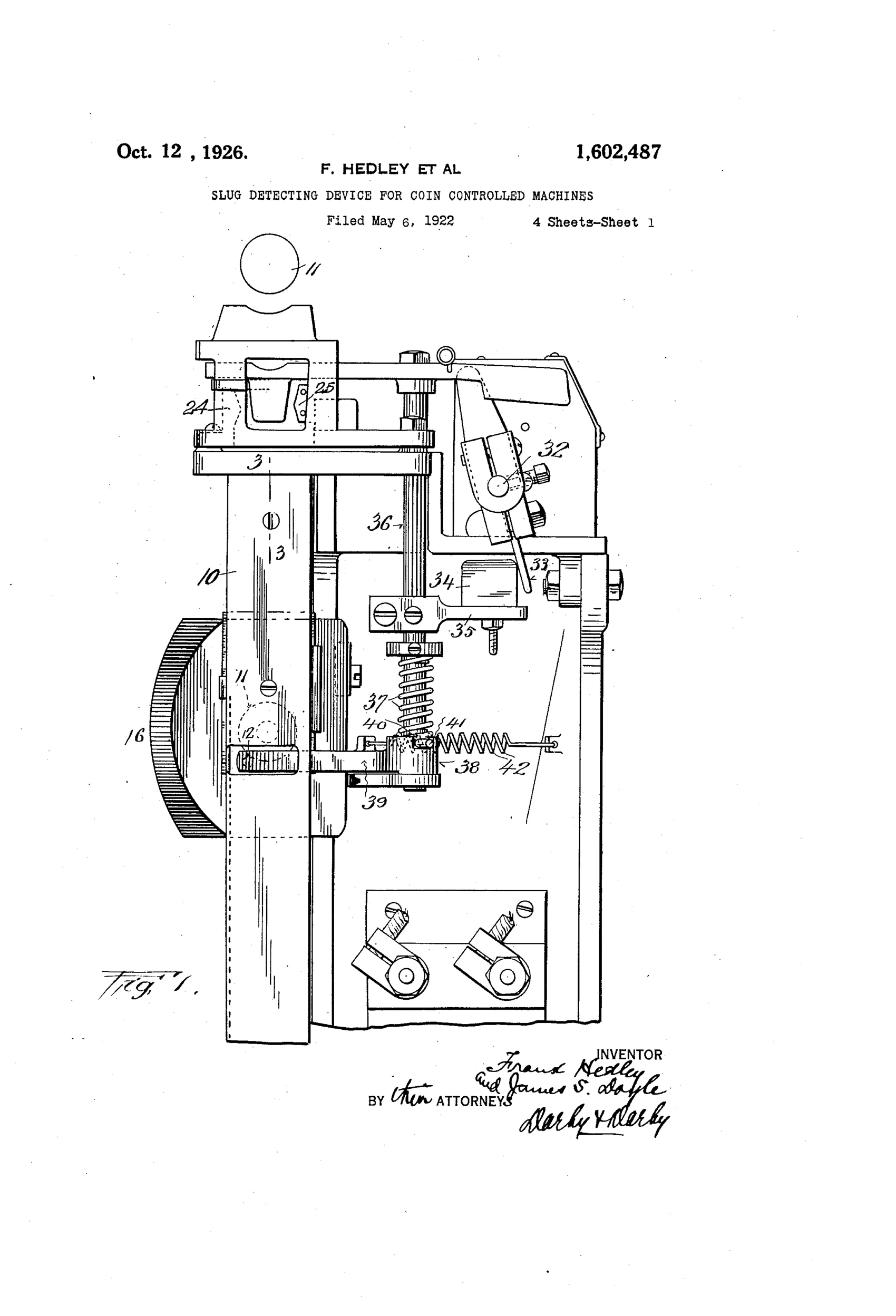 Patent drawing of a coin chute mechanism with a coin (11) resting against a pivoted stop pin, a prism lens (13) mounted at an angled opening to magnify the coin's image, and a rock shaft, spring, and detent arm assembly (32-42) that releases the coin when a new one is deposited.