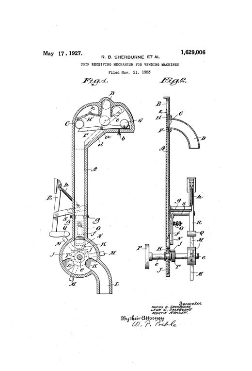 Two mechanical drawings of a vending machine coin mechanism showing a vertical coin tube with a counterbalanced testing lever, rejection spout, and a rotating pocketed release disc connected to a handle and discharge tube.