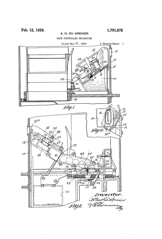 Patent drawing sheets showing exploded mechanical views of a coin-controlled dispensing machine with an inclined disk passage, gauge plates, pivoted deflecting arms, a magnet, and a reciprocating coin carrier tray, labeled with numbered reference lines.