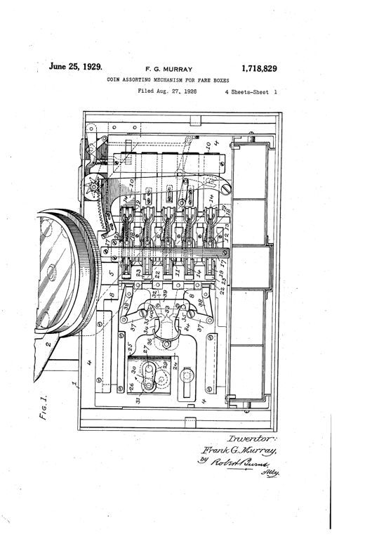 Cutaway front elevation of a mechanical fare box showing a stack of coin selector slides, ejector bars, springs, and a crank-driven operating head mounted on an internal partition, with a coin hopper wheel at lower left.