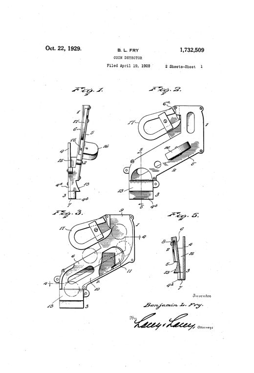 Exploded and assembled mechanical drawings of a metal coin chute assembly showing separate side walls, an intermediate wall with an opening, a horseshoe magnet, and a toothed rotating detector wheel that sorts coins from slugs into two discharge paths.