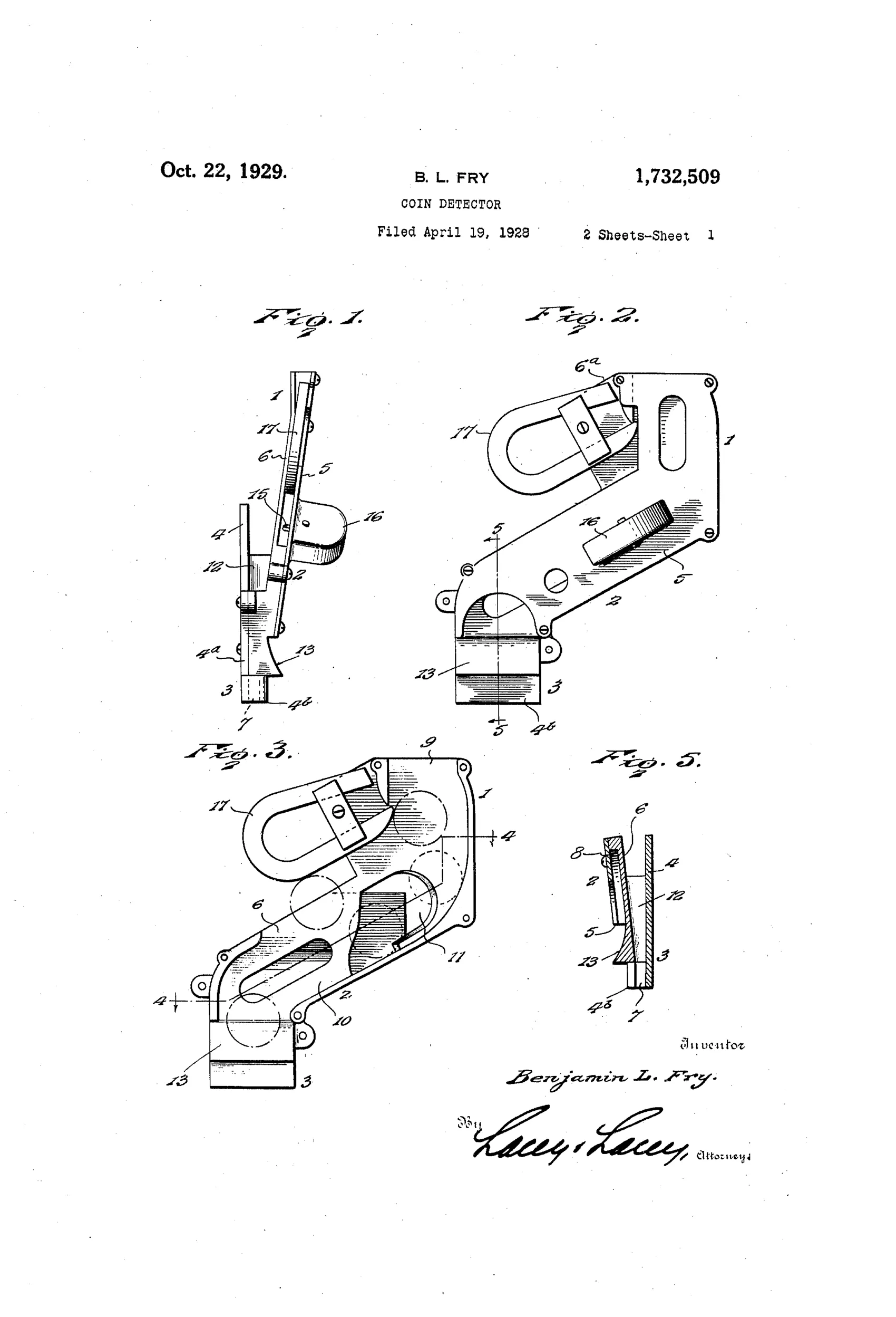 Exploded and assembled mechanical drawings of a metal coin chute assembly showing separate side walls, an intermediate wall with an opening, a horseshoe magnet, and a toothed rotating detector wheel that sorts coins from slugs into two discharge paths.
