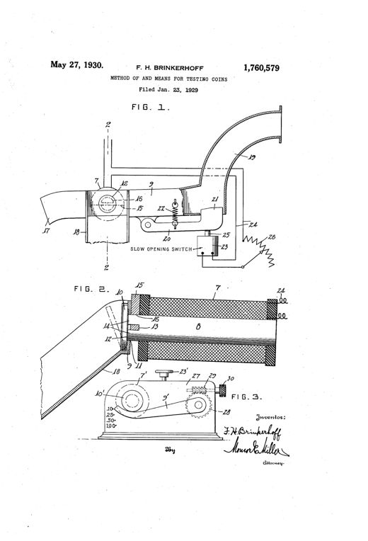 Patent drawing showing a coin-testing chute with an electromagnet coil, lever-operated slow-opening switch, and circuit diagram, plus a second bench-top device with an adjustable coin-support arm and graduated scale for dimes through dollars.