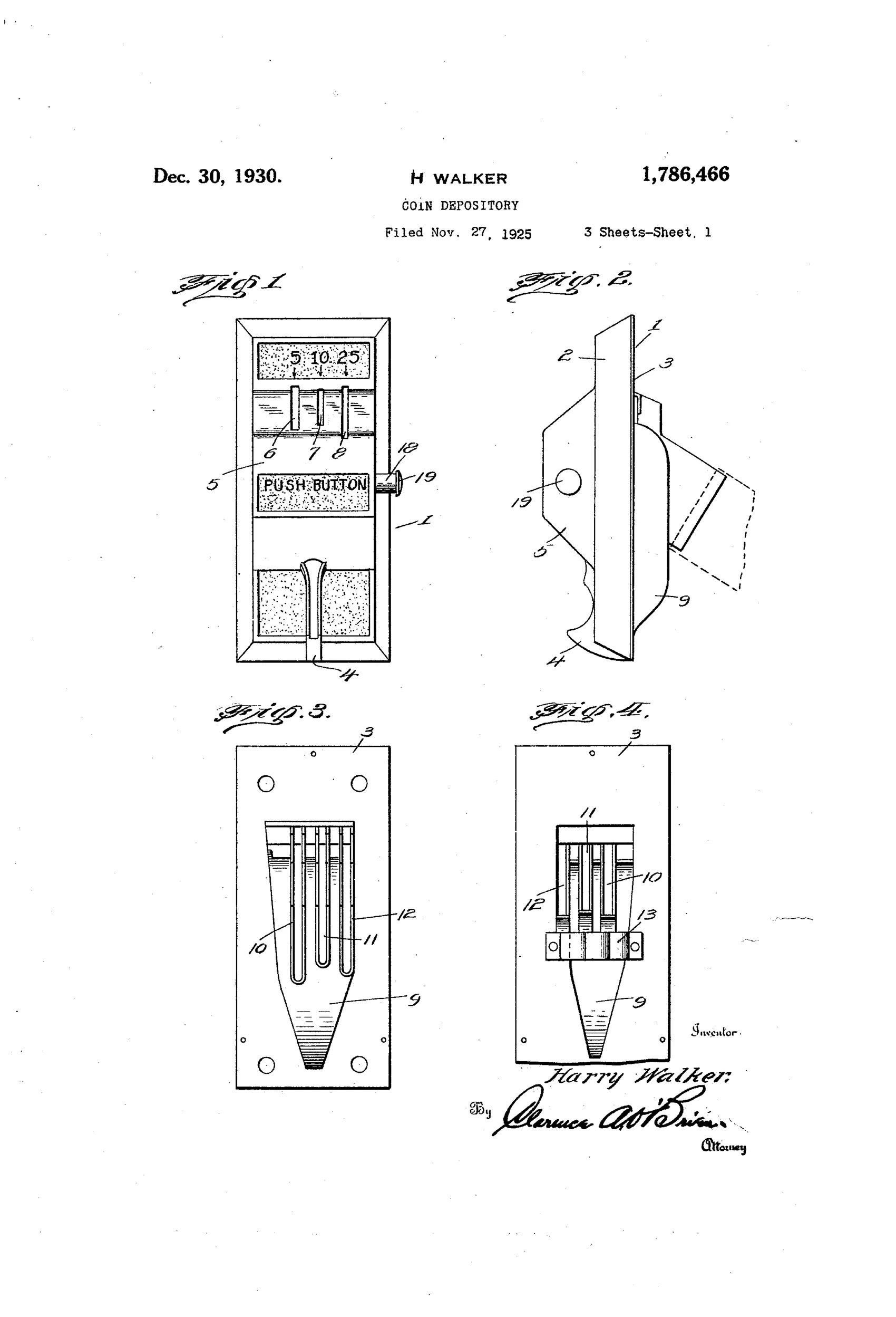 Patent drawing of a coin depository casing showing front slots for nickels, dimes, and quarters, an internal spring-loaded plunger with sized coin pockets, a notched gauge bar, and U-shaped resilient wire guard fingers designed to reject slugs and improperly sized coins before they reach the delivery chutes.