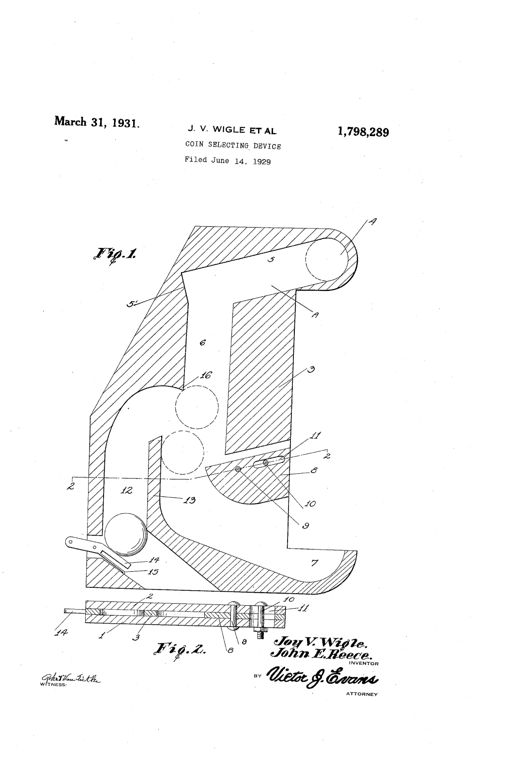 Cross-sectional patent drawing of a coin-selecting mechanism showing an inclined entrance slot leading to a vertical main slot with a pivoting anvil, a curved branch slot, a spring-loaded latch, and a lower tray for rejected coins, with a second smaller cutaway view below showing the anvil assembly.