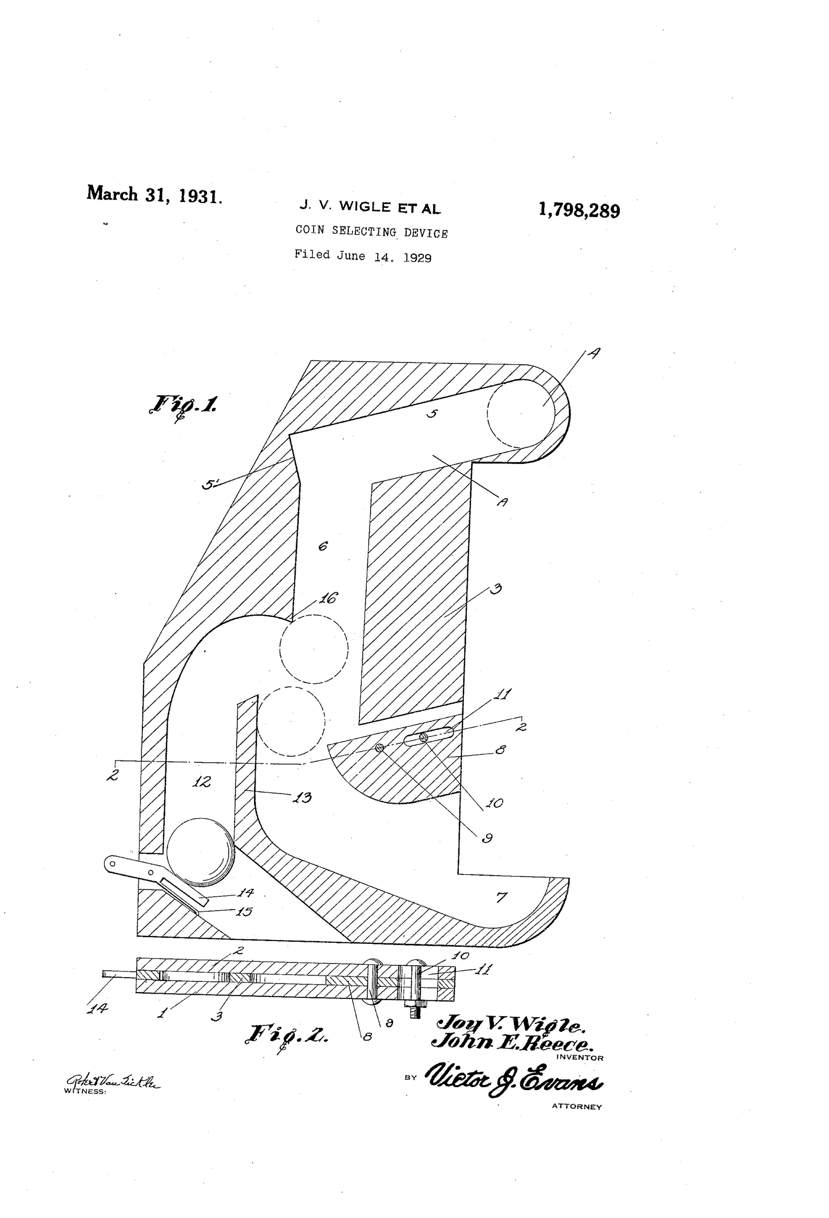 Cross-sectional patent drawing of a coin-selecting mechanism showing an inclined entrance slot leading to a vertical main slot with a pivoting anvil, a curved branch slot, a spring-loaded latch, and a lower tray for rejected coins, with a second smaller cutaway view below showing the anvil assembly.