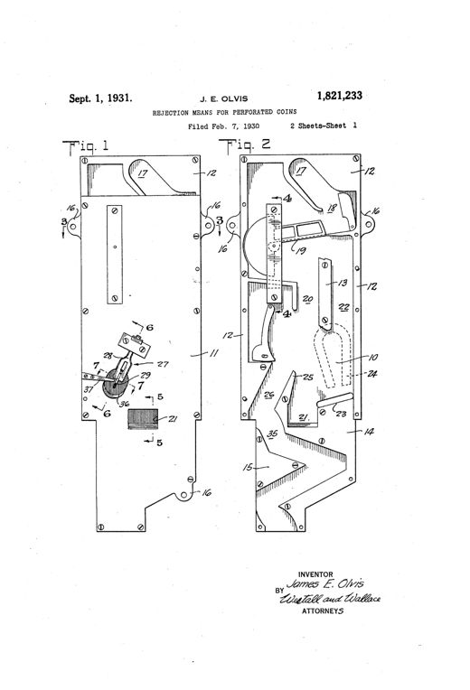 Two patent drawing sheets show a rectangular metal coin-detector housing with internal chutes, a curved magnet track, a pivoting counterweighted pallet with hooked fingers, and cross-section details of the coin passage and rejection exit mechanism.