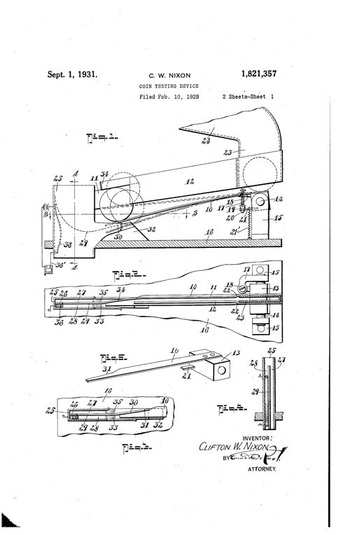 Patent drawing of a mechanical coin tester showing a sloped coin deposit chute feeding a spring-supported runway with vertical guides, adjustable pivot blocks, and switch fingers that divert coins of improper weight into a separate reject conduit.