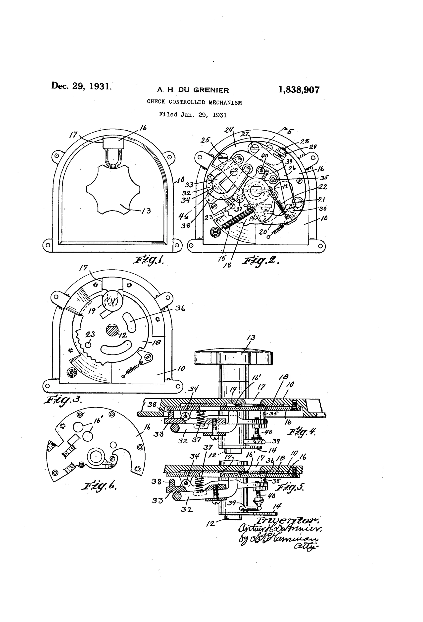 Patent drawing sheet showing an arch-shaped coin-mechanism casing with a star-shaped coin slot handle, an internal disk-like coin carrier with locking levers and a pivoted horseshoe magnet, and cross-sectional side views labeling numbered parts such as the shaft, magnet support, spring, and locking pin.